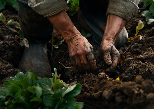 Hands working in regenerative soil